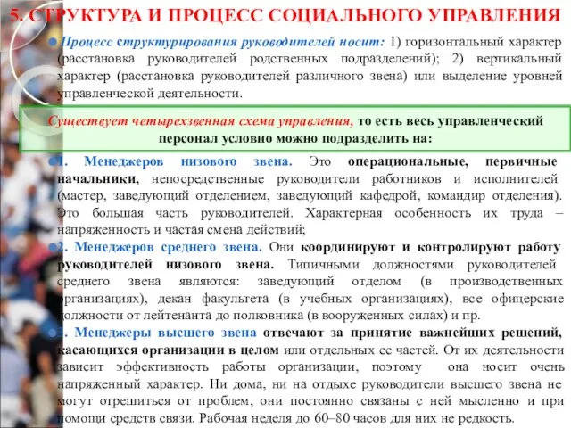 5. СТРУКТУРА И ПРОЦЕСС СОЦИАЛЬНОГО УПРАВЛЕНИЯ Процесс структурирования руководителей носит: 1) горизонтальный