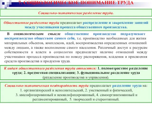 7. СОЦИОЛОГИЧЕСКОЕ ПОНИМАНИЕ ТРУДА В социологическом смысле общественное производство подразумевает воспроизводство обществом