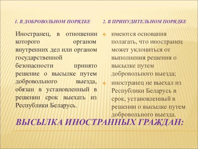 ВЫСЫЛКА ИНОСТРАННЫХ ГРАЖДАН: 1. В ДОБРОВОЛЬНОМ ПОРЯДКЕ 2. В ПРИНУДИТЕЛЬНОМ ПОРЯДКЕ Иностранец,