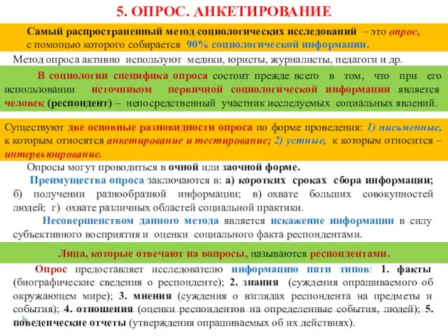 5. ОПРОС. АНКЕТИРОВАНИЕ Метод опроса активно используют медики, юристы, журналисты, педагоги и