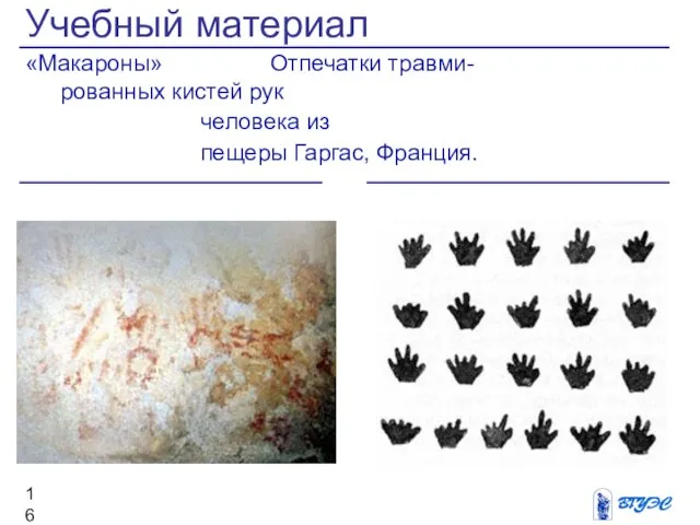Учебный материал «Макароны» Отпечатки травми- рованных кистей рук человека из пещеры Гаргас, Франция.