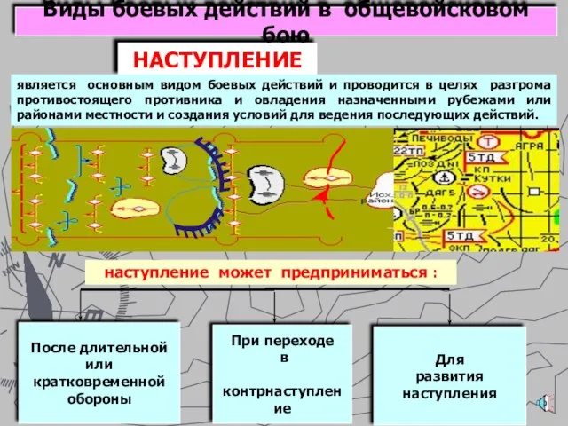 НАСТУПЛЕНИЕ наступление может предприниматься : Виды боевых действий в общевойсковом бою является