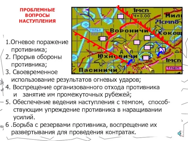 1.Огневое поражение противника; 2. Прорыв обороны противника; 3. Своевременное использование результатов огневых