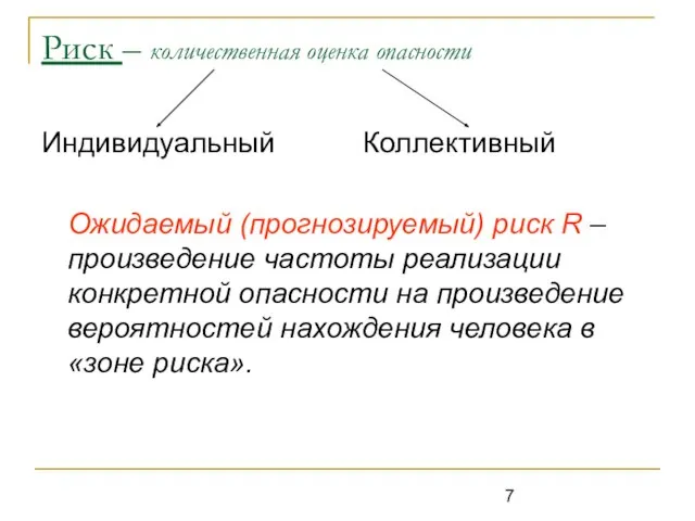 Риск – количественная оценка опасности Индивидуальный Коллективный Ожидаемый (прогнозируемый) риск R –