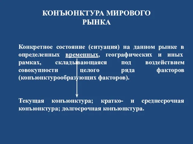 Конкретное состояние (ситуация) на данном рынке в определенных временных, географических и иных