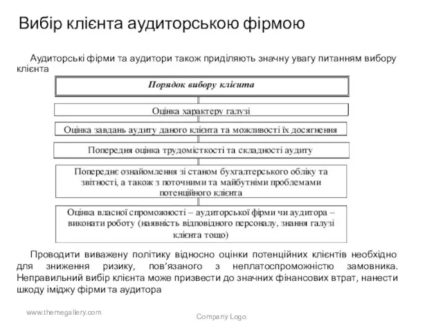 Вибір клієнта аудиторською фірмою Аудиторські фірми та аудитори також приділяють значну увагу