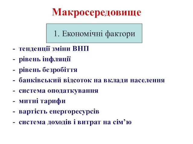 Макросередовище тенденції зміни ВНП рівень інфляції рівень безробіття банківський відсоток на вклади