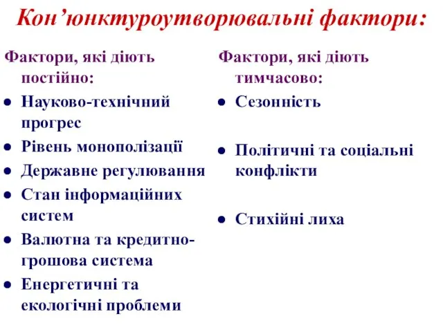 Кон’юнктуроутворювальні фактори: Фактори, які діють постійно: Науково-технічний прогрес Рівень монополізації Державне регулювання