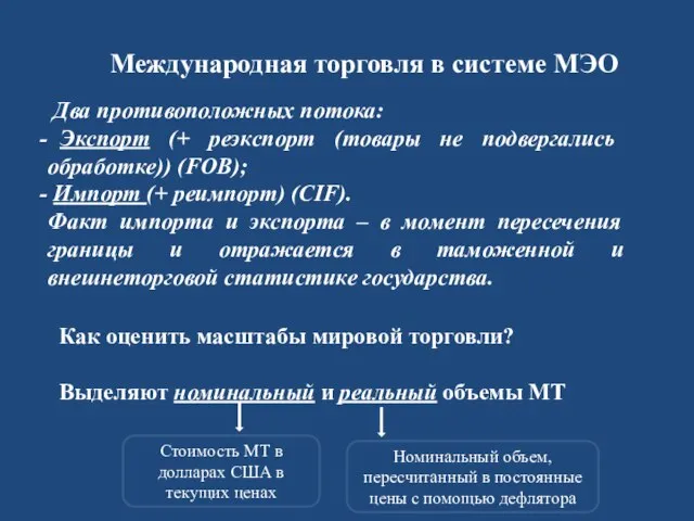 Международная торговля в системе МЭО Два противоположных потока: Экспорт (+ реэкспорт (товары