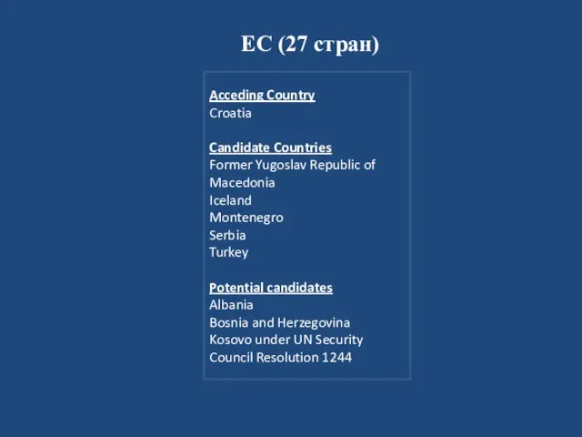 ЕС (27 стран) Acceding Country Croatia Candidate Countries Former Yugoslav Republic of