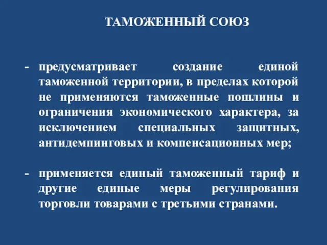 ТАМОЖЕННЫЙ СОЮЗ предусматривает создание единой таможенной территории, в пределах которой не применяются