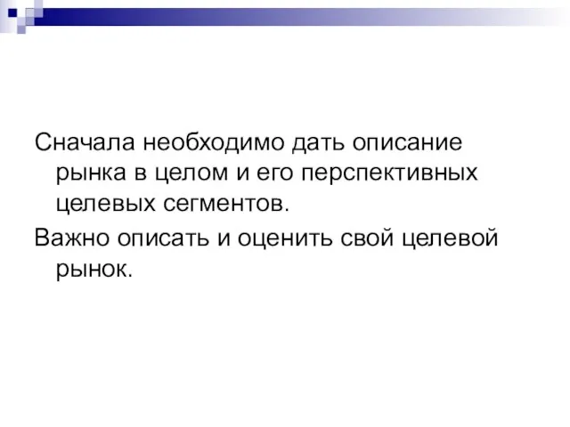 Сначала необходимо дать описание рынка в целом и его перспективных целевых сегментов.