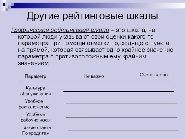 Другие рейтинговые шкалы Графическая рейтинговая шкала – это шкала, на которой люди