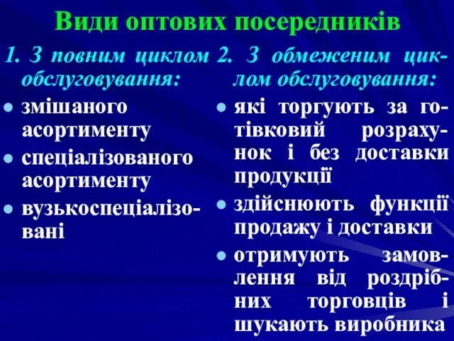 Види оптових посередників 1. З повним циклом обслуговування: змішаного асортименту спеціалізованого асортименту