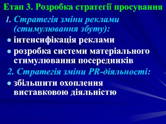 Етап 3. Розробка стратегії просування Стратегія зміни реклами (стимулювання збуту): інтенсифікація реклами