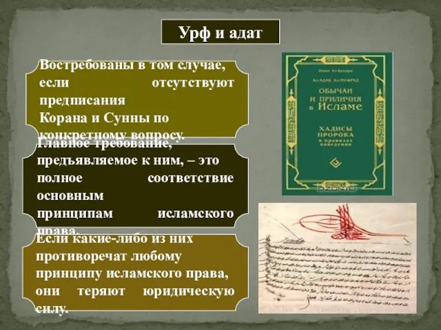 Урф и адат Востребованы в том случае, если отсутствуют предписания Корана и