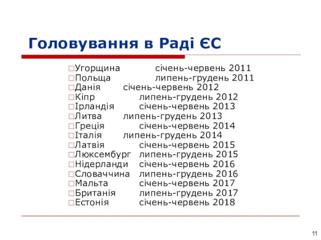 Головування в Раді ЄС Угорщина січень-червень 2011 Польща липень-грудень 2011 Данія січень-червень