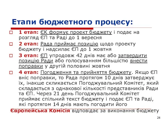 Етапи бюджетного процесу: 1 етап: ЄК формує проект бюджету і подає на