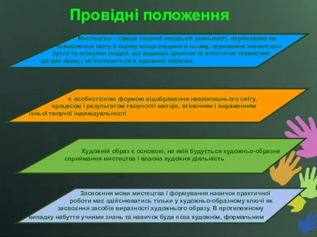 Провідні положення Мистецтво – сфера творчої людської діяльності, спрямована на осмислення світу