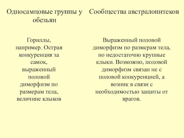 Односамцовые группы у обезьян Сообщества австралопитеков Гориллы, например. Острая конкуренция за самок,