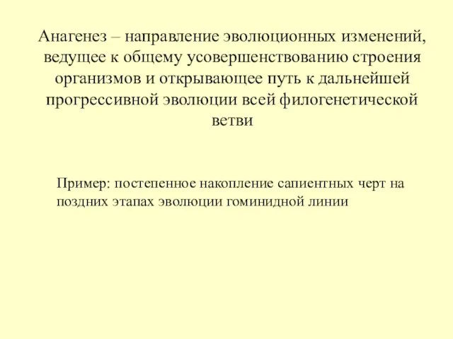 Анагенез – направление эволюционных изменений, ведущее к общему усовершенствованию строения организмов и