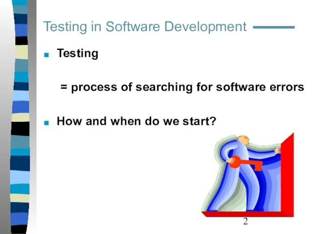 Testing in Software Development Testing = process of searching for software errors