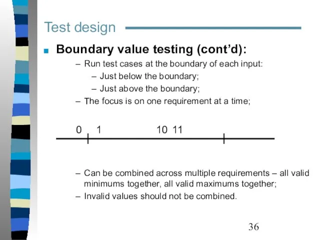 Test design Boundary value testing (cont’d): Run test cases at the boundary