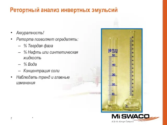 Ретортный анализ инвертных эмульсий Аккуратность! Реторта позволяет определять: % Твердая фаза %