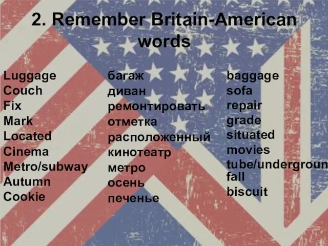 2. Remember Britain-American words baggage sofa repair grade situated movies tube/underground fall