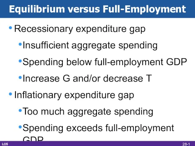 Equilibrium versus Full-Employment Recessionary expenditure gap Insufficient aggregate spending Spending below full-employment