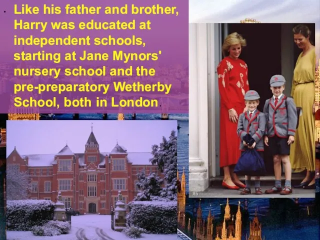 Like his father and brother, Harry was educated at independent schools, starting