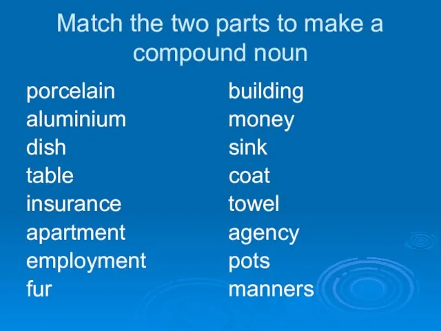 Match the two parts to make a compound noun porcelain aluminium dish