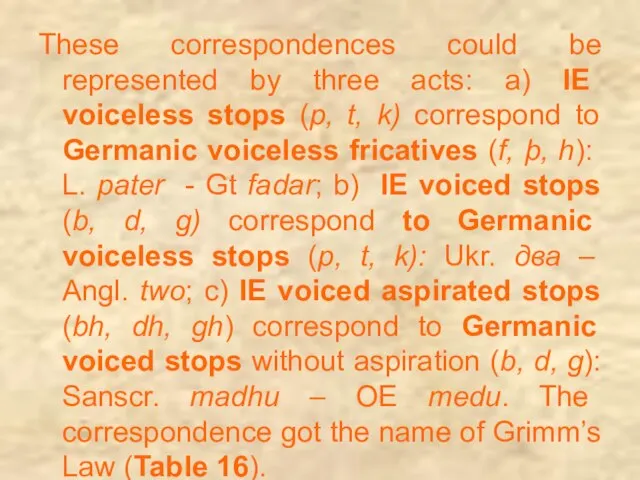 These correspondences could be represented by three acts: a) IE voiceless stops