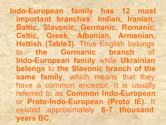 Indo-European family has 12 most important branches: Indian, Iranian, Baltic, Slavonic, Germanic,