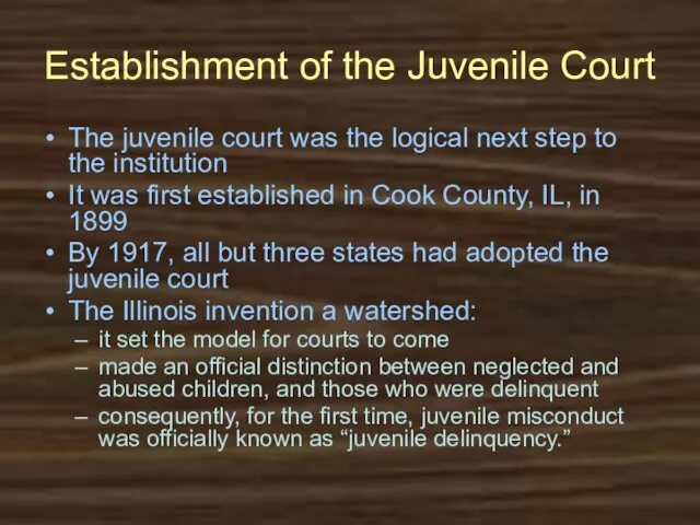 Establishment of the Juvenile Court The juvenile court was the logical next