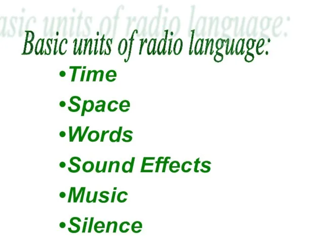 Time Space Words Sound Effects Music Silence Basic units of radio language: