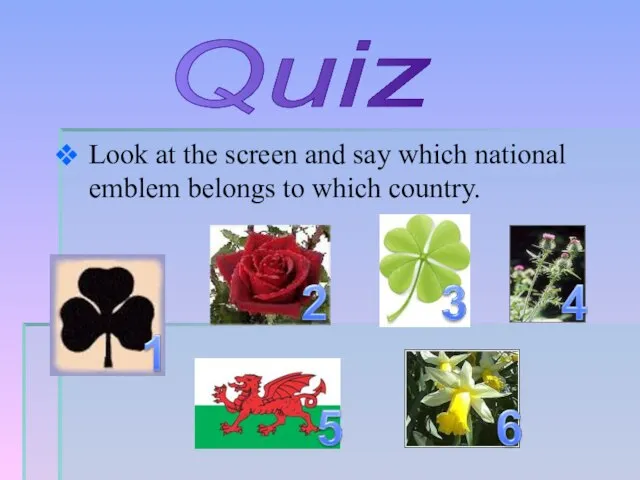 Look at the screen and say which national emblem belongs to which country. Quiz