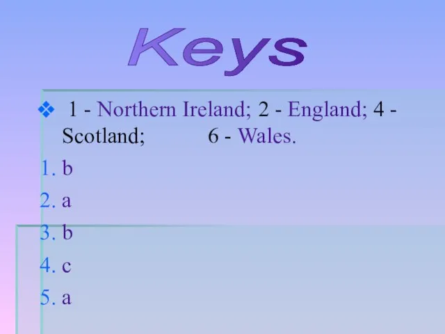 1 - Northern Ireland; 2 - England; 4 - Scotland; 6 -