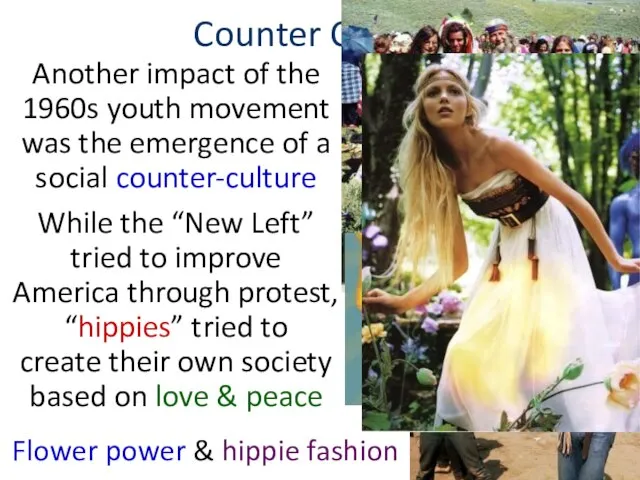 Counter Culture Another impact of the 1960s youth movement was the emergence