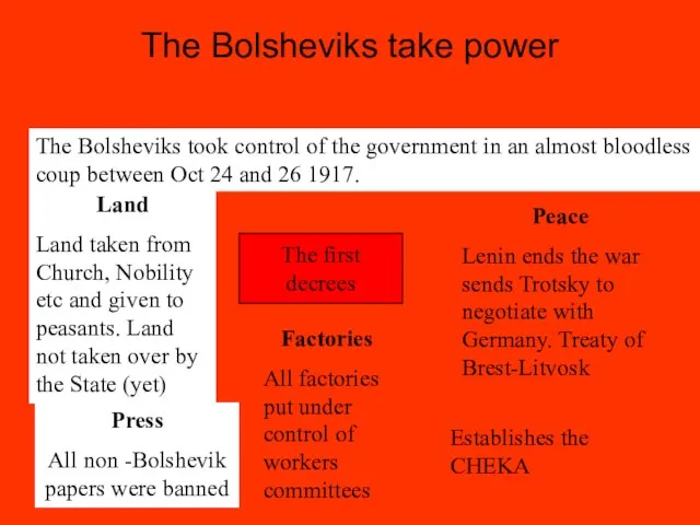 The Bolsheviks take power The Bolsheviks took control of the government in