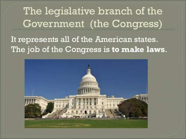 The legislative branch of the Government (the Congress) It represents all of