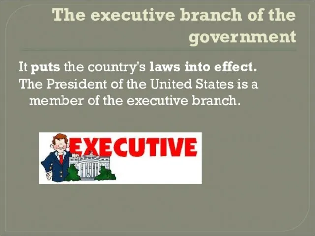 The executive branch of the government It puts the country's laws into