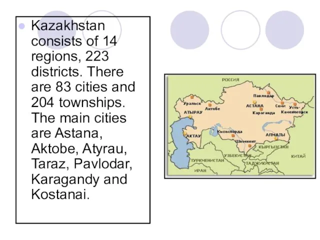 Kazakhstan consists of 14 regions, 223 districts. There are 83 cities and