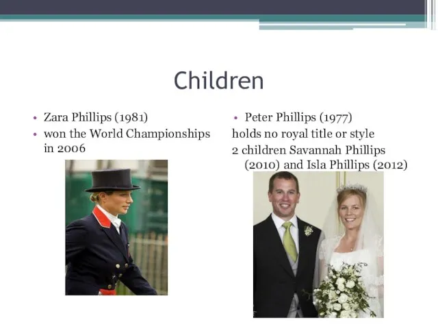 Children Zara Phillips (1981) won the World Championships in 2006 Peter Phillips