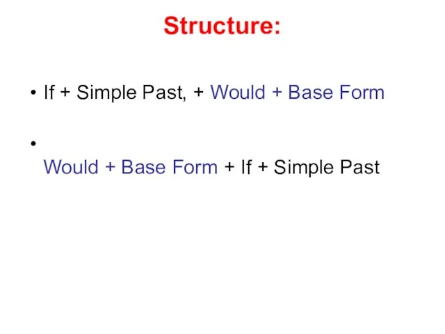 Structure: If + Simple Past, + Would + Base Form Would +