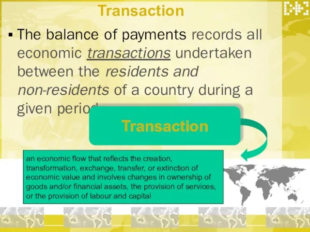 Transaction The balance of payments records all economic transactions undertaken between the