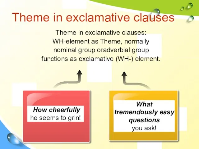 Theme in exclamative clauses Theme in exclamative clauses: WH-element as Theme, normally