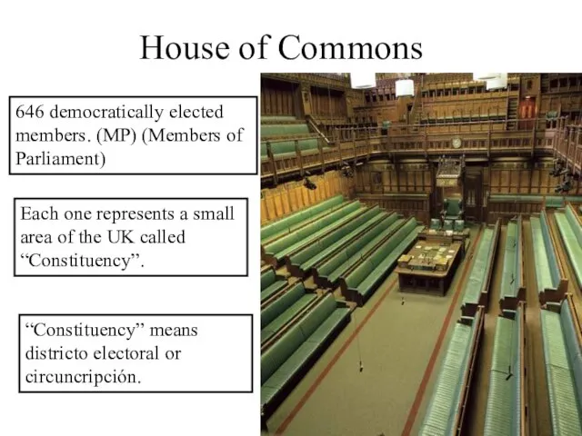 House of Commons 646 democratically elected members. (MP) (Members of Parliament) Each