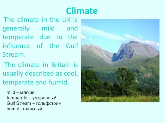 Climate The climate in the UK is generally mild and temperate due