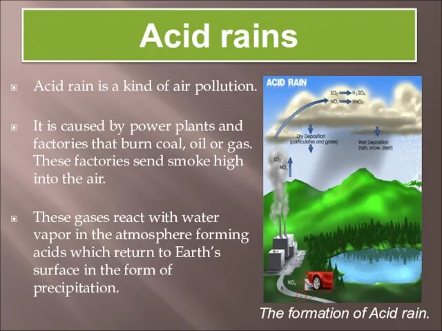 Acid rain is a kind of air pollution. It is caused by